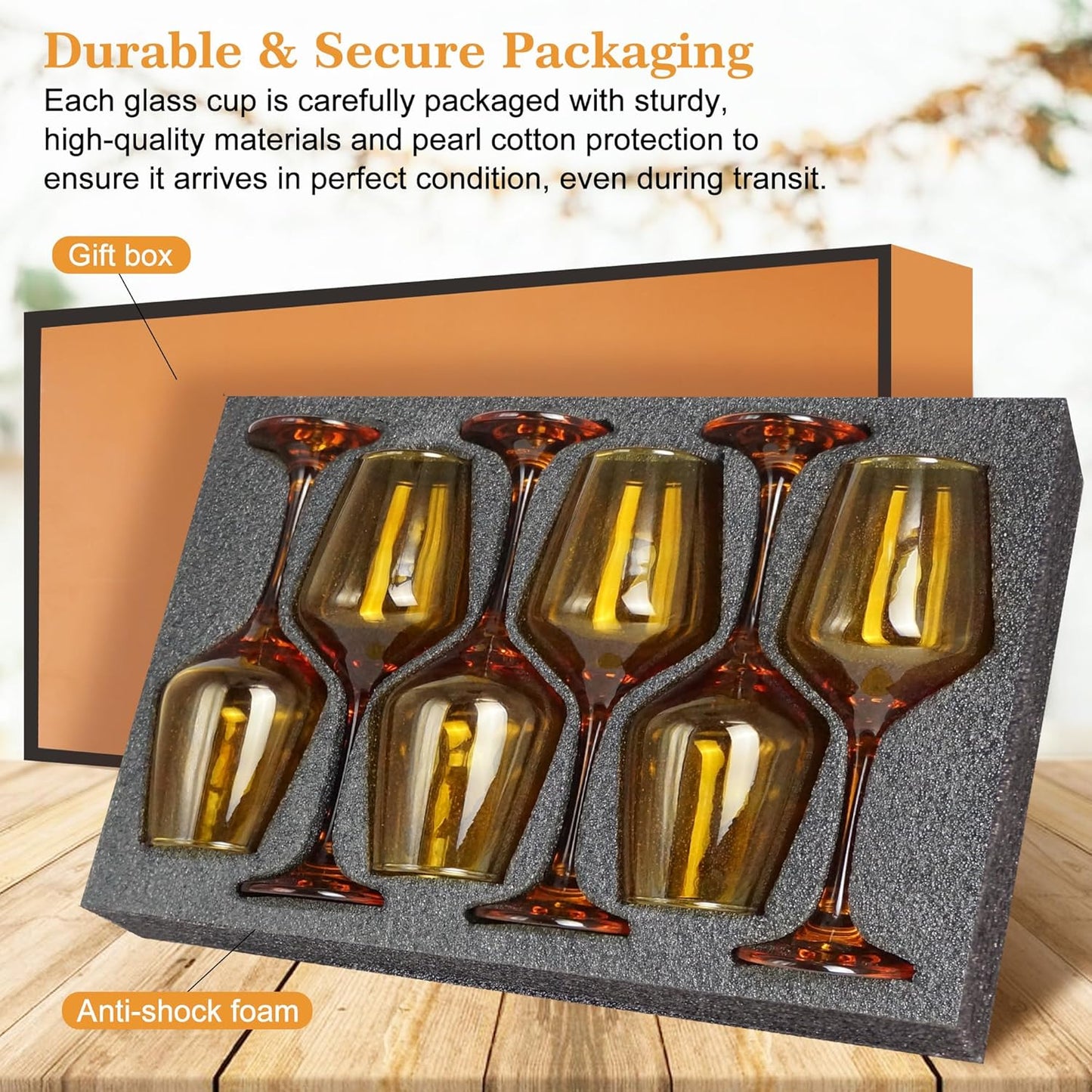 Amber Wine Glasses Set of 6-12oz Amber Long Stem Wine Glass Cups, Pretty Crystal Glassware, Hand Blown Goblets Drinkware, Unique Drinking Stemware Holiday Gift Set