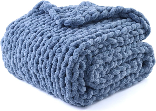YnM Chunky Throw Blanket, Medium-Weight, Hand Knitted with Chenille Yarn, Skin Friendly, Ventilated and Breathable, Machine Washable, Home Décor Piece for Couch Sofa and Bed (Chambray Blue 60x80 Inch)