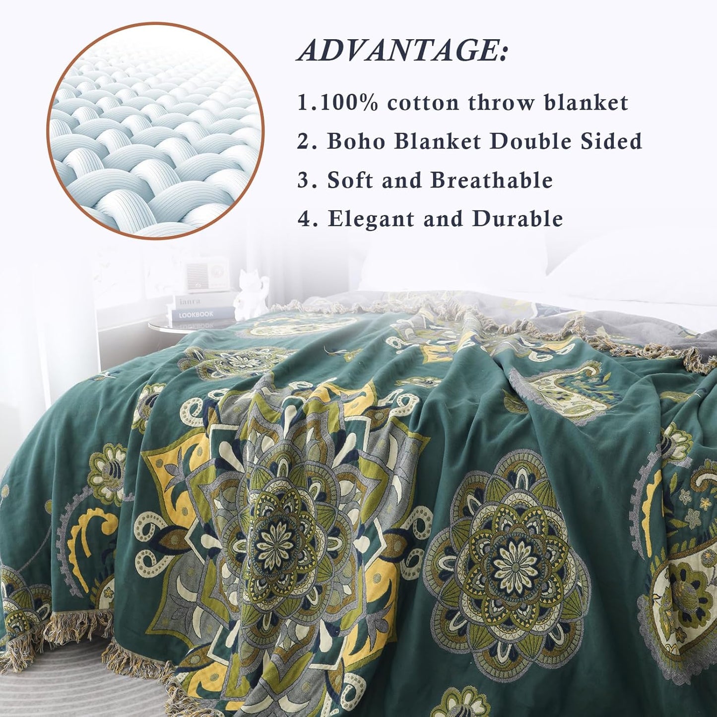 Snycler Boho Throw Blanket for Bed - 100% Cotton Ultra Soft Rustic Quilt - Green Boho Floral Printed Farmhouse Decor Bed Blankets, 80"×90" All Season Rustic Throw for Sofa Couch Chair