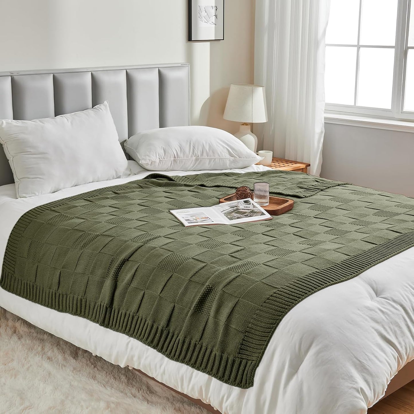 CozeCube Check Knit Throw Blanket, Olive Green Checkered Throw for Couch, Decorative Christmas Soft Cozy Warm Knitted Blanket for Bed Sofa Living Room, 50"X60"