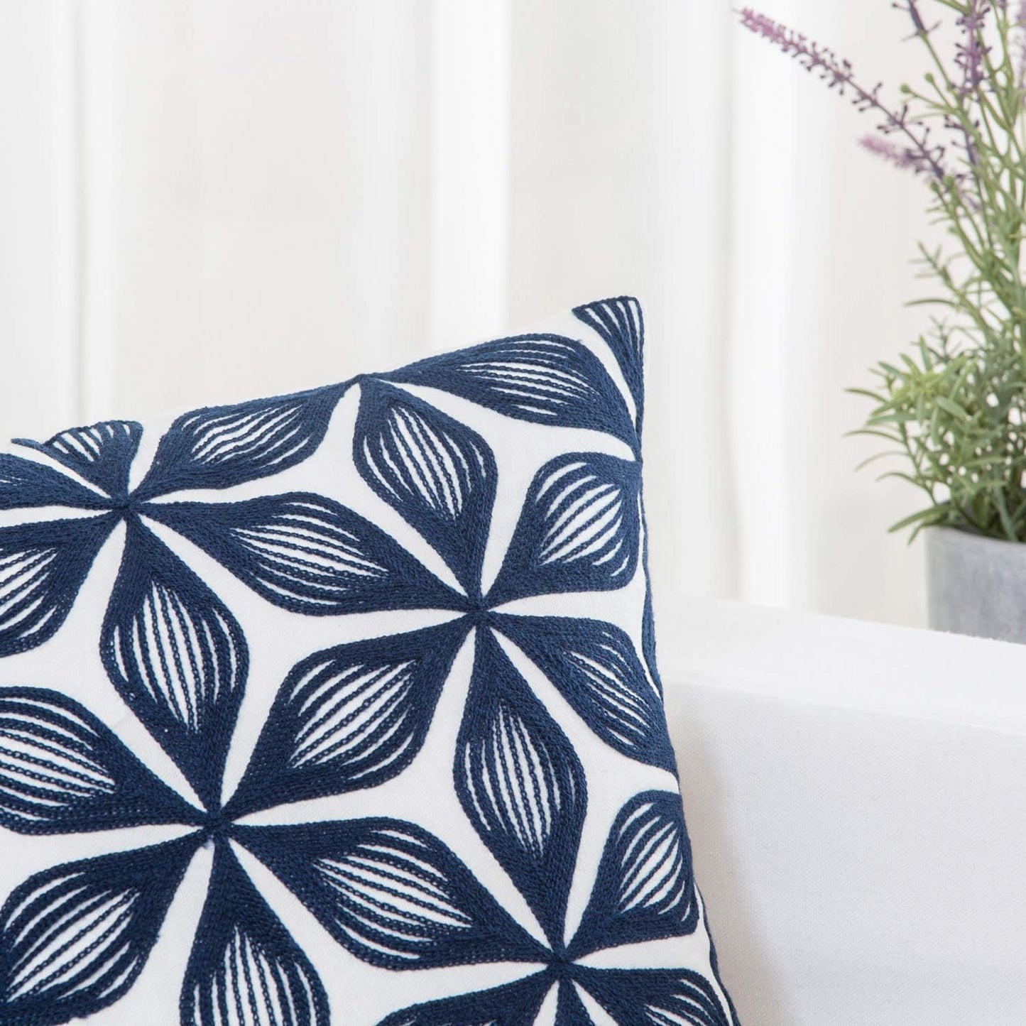 HWY 50 Navy Blue Decorative Throw Pillow Covers 18x18 Inch (1 Piece), Embroidered Cotton Farmhouse Cushion Cover Pillow Case for Sofa Couch Living Room Bed, Fashion Geometric