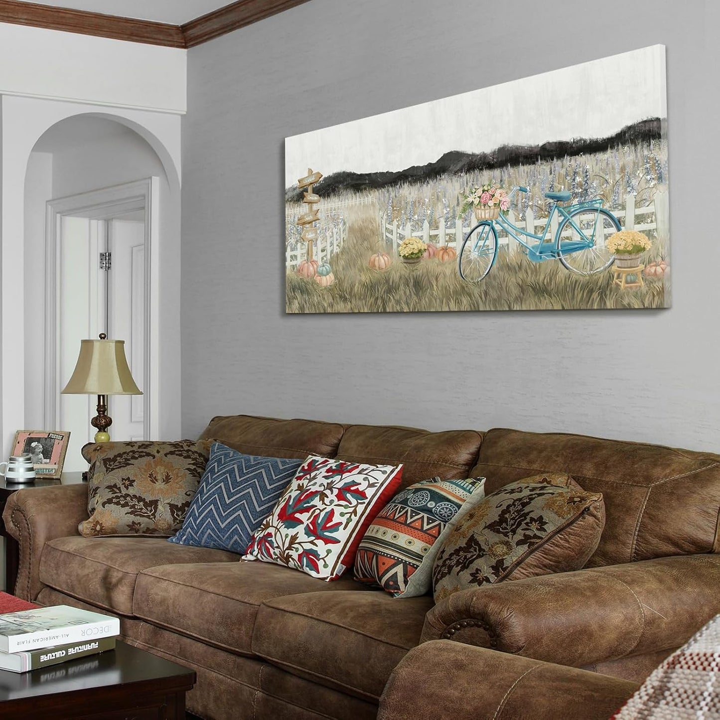 Large Wall Art for Living Room Farmhouse Wall Decor, Modern Boho Vintage Organnic Country Rustic Cottagecore Neutral Landscape Artwork with Mountains Bicycle Flower, Floral Picture Bedroom Kitchen