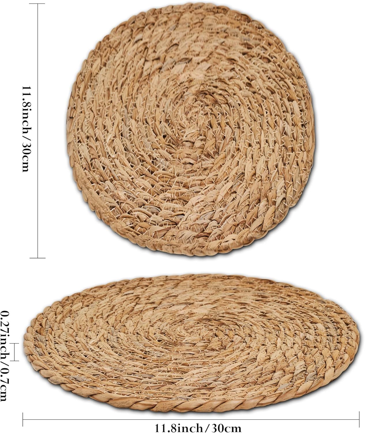 Defined Deco Woven Placemats Set of 6,12" Round Rattan Placemats,Natural Hand-Woven Water Hyacinth Placemats,Farmhouse Weave Place Mats,Rustic Braided Wicker Table Mats for Dining Table,Home,Wedding.