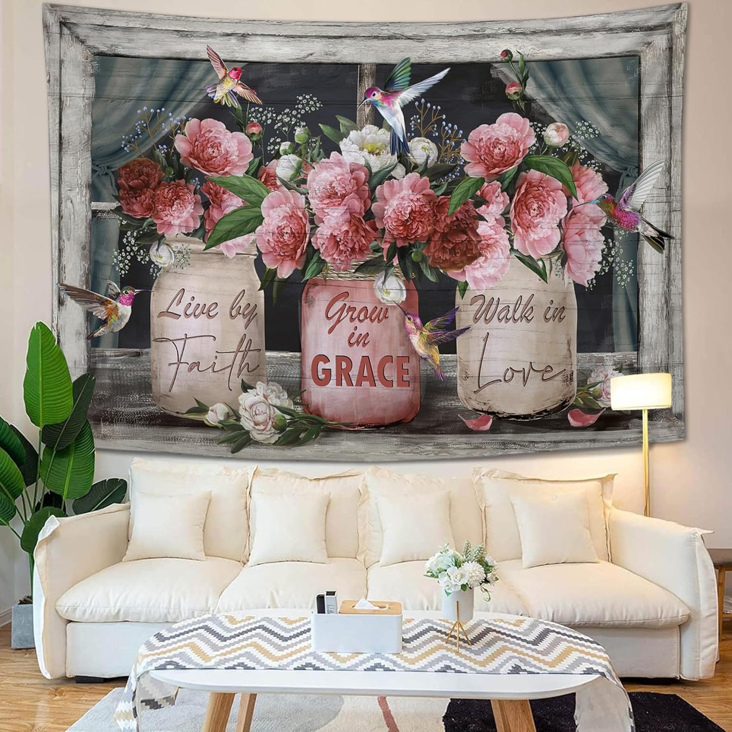 yowecso Farmhouse Rose Tapestry Peony Flower Tapestry Wall Hanging for Bedroom Floral Tapestries Aesthetic Wall Decor for Home Dorm Living Room 50"x60"