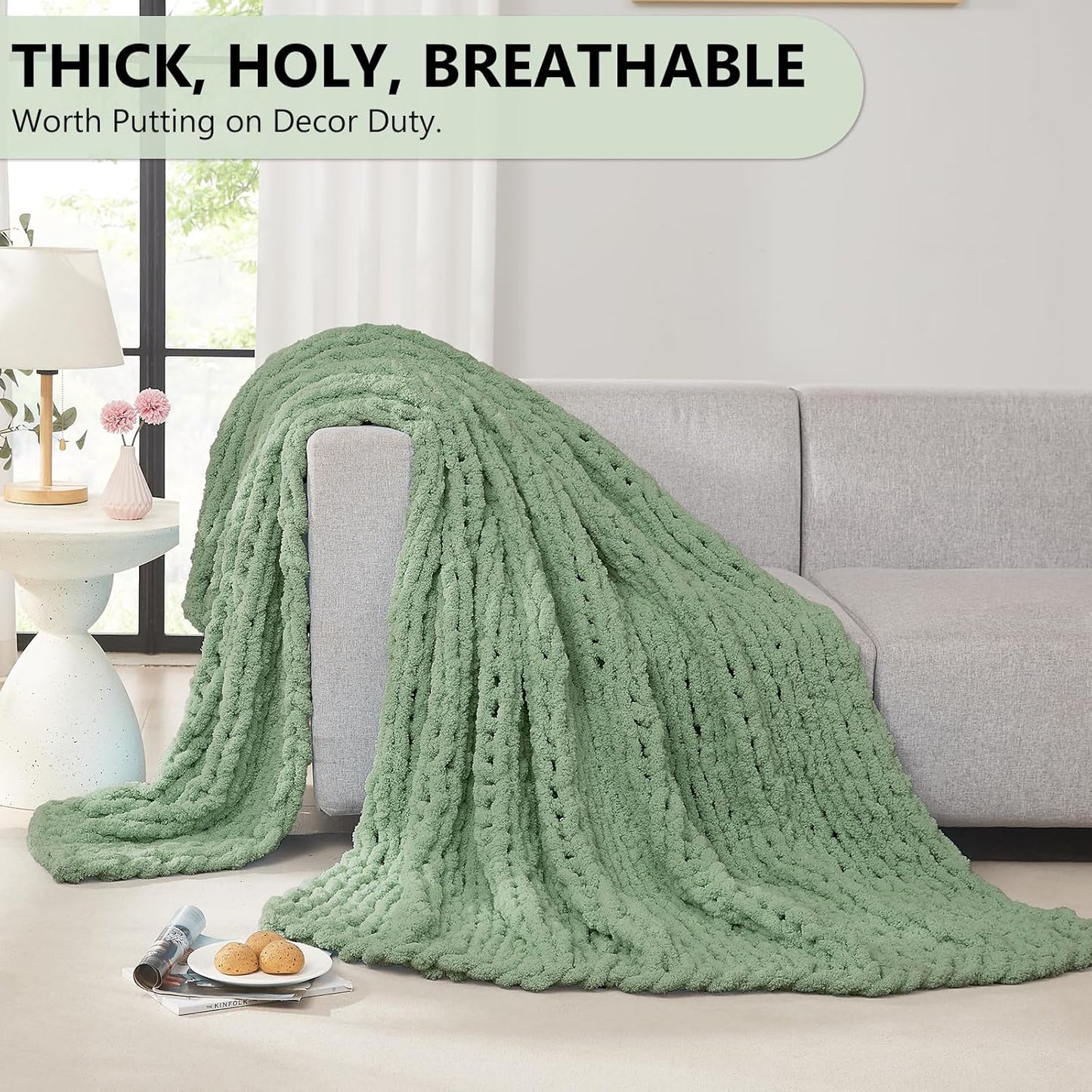 L'AGRATY Chunky Knit Blanket Throw - Soft Chunky Throw Blanket 50x60: 100% Hand Kintted Chenile Crochet Throw Blanket for Couch - Large Cable Knit Chunky Blanket for Home Decor(Sage Green)