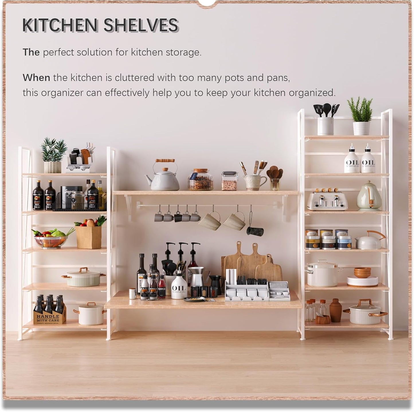 4NM No Assembly Foldable Bookshelf, 6-Shelf Collapsible Bookcase Storage for Small Spaces, 74" H, Natural White