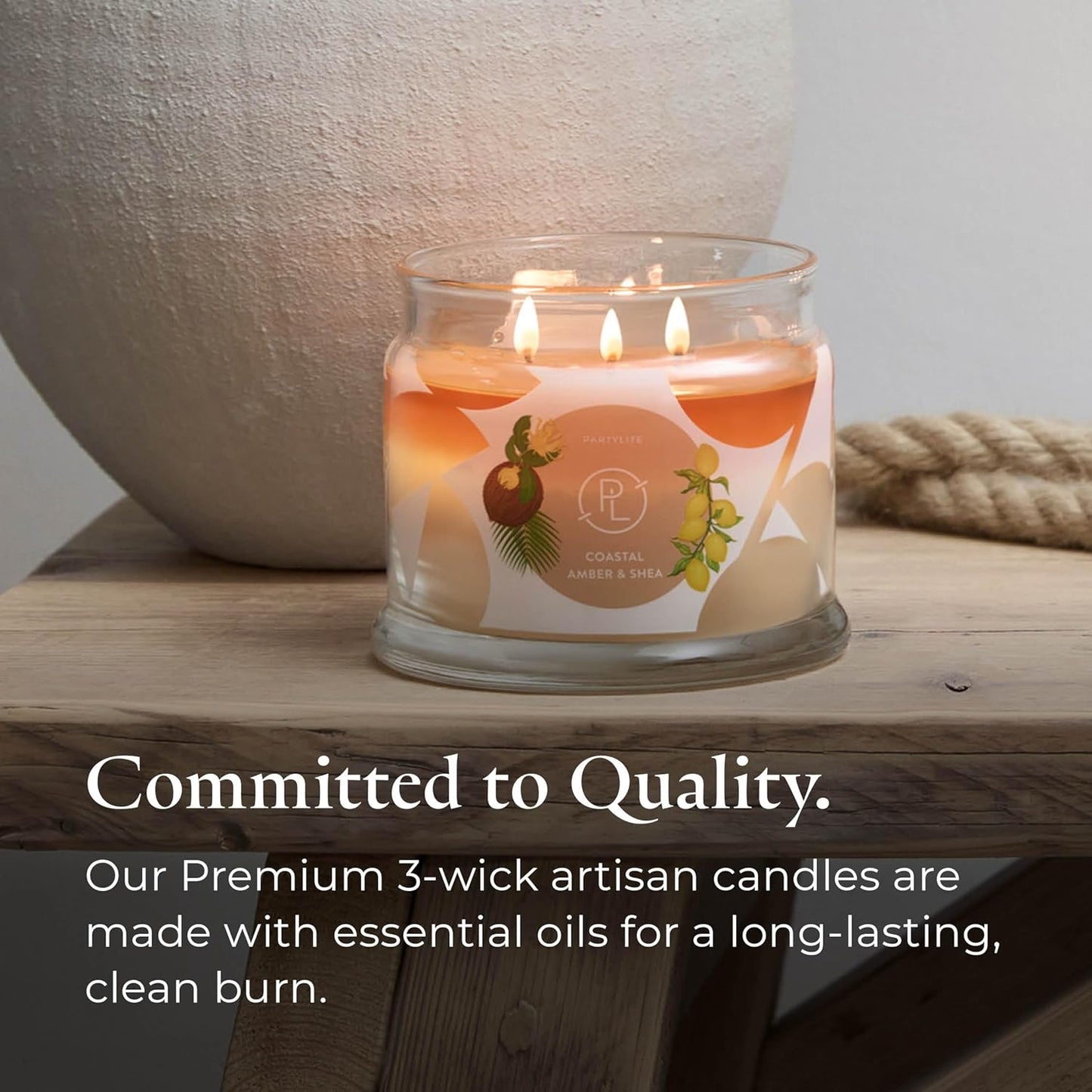 PartyLite Coastal Amber & Shea Scented, Notes of Ylang Flower, Citron, Sweet Coconut & Amber Creme, 13.2oz 3-Wick Jar Candle, 45 Hour Burn Time, Luxurious Fragrance, Ideal for Gifting