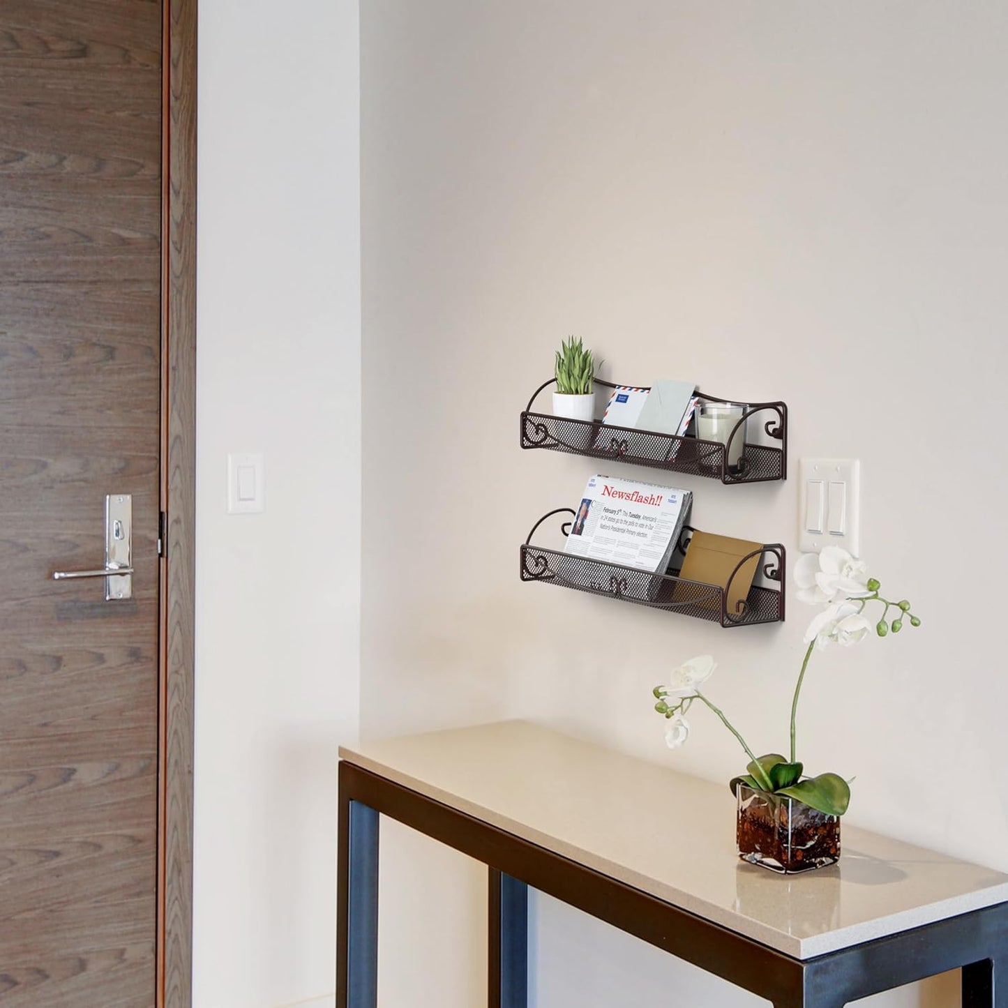 Deco Brothers Wall Mounted Single Tier Mesh Hanging Spice Rack, Set of 2, Bronze