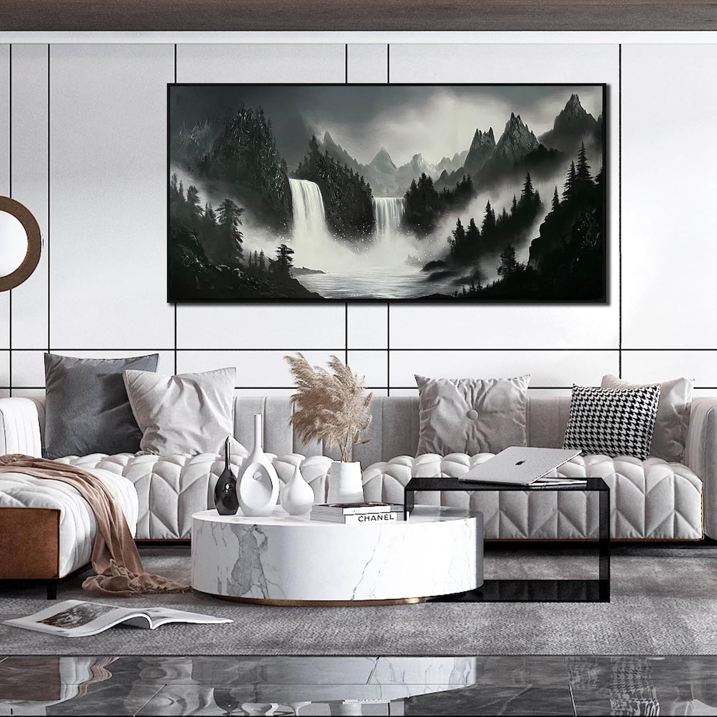 Hand Painted Mountains Painting for Living Room - Waterfall Canvas Wall Art for Office - Large Framed Wall Art Bedroom Size 29" x 59"