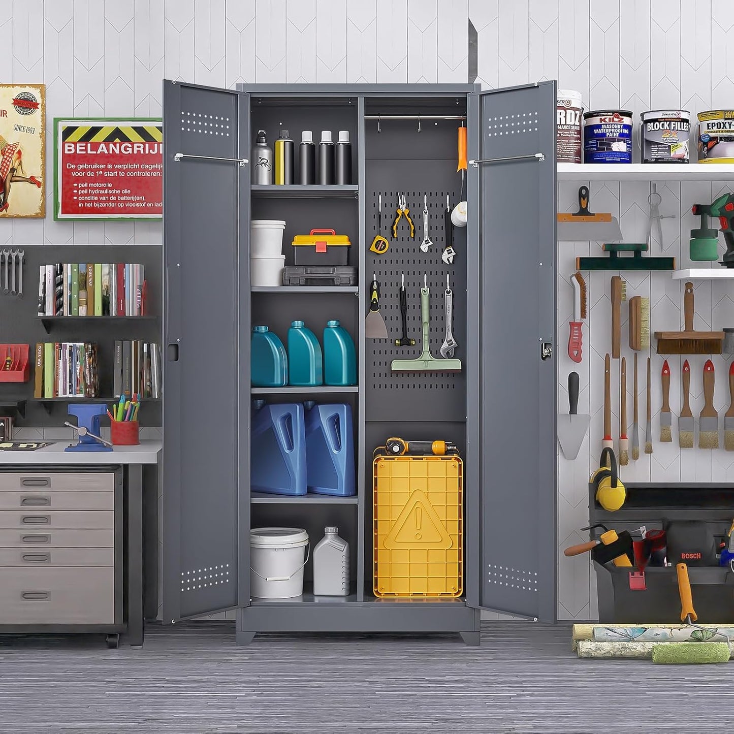 Lockable Storage Cabinet,Utility Closet with Doors and Shelves,SteelGarage Cabinet with Adjustable Shelves for Home,Garage,Gray