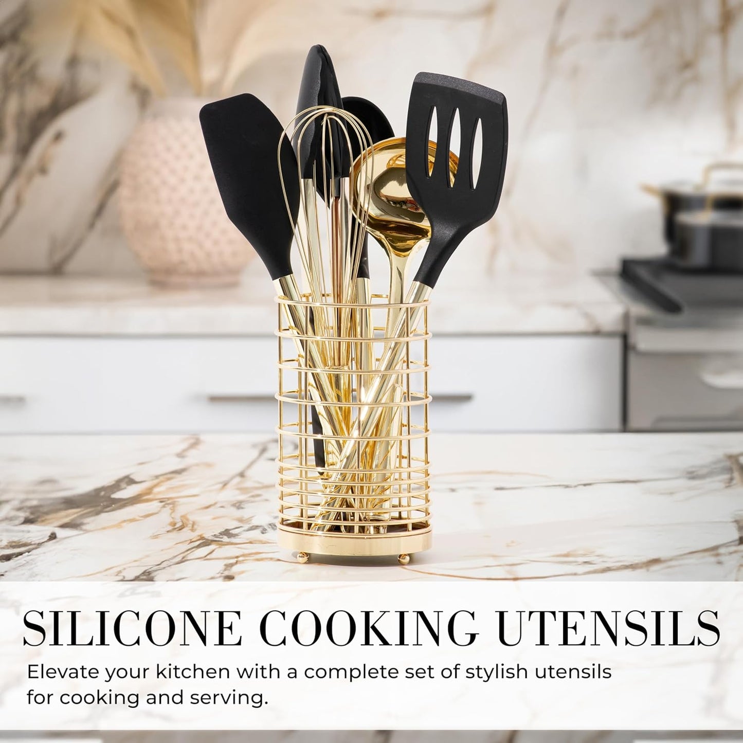 Black and Gold Kitchen Utensils Set - 23-Piece Luxury Kitchen Accessories Includes Gold Measuring Cups, Spoons, Silicone Cooking Utensils and Tools for Baking, Cooking, and Stylish Kitchen Decor