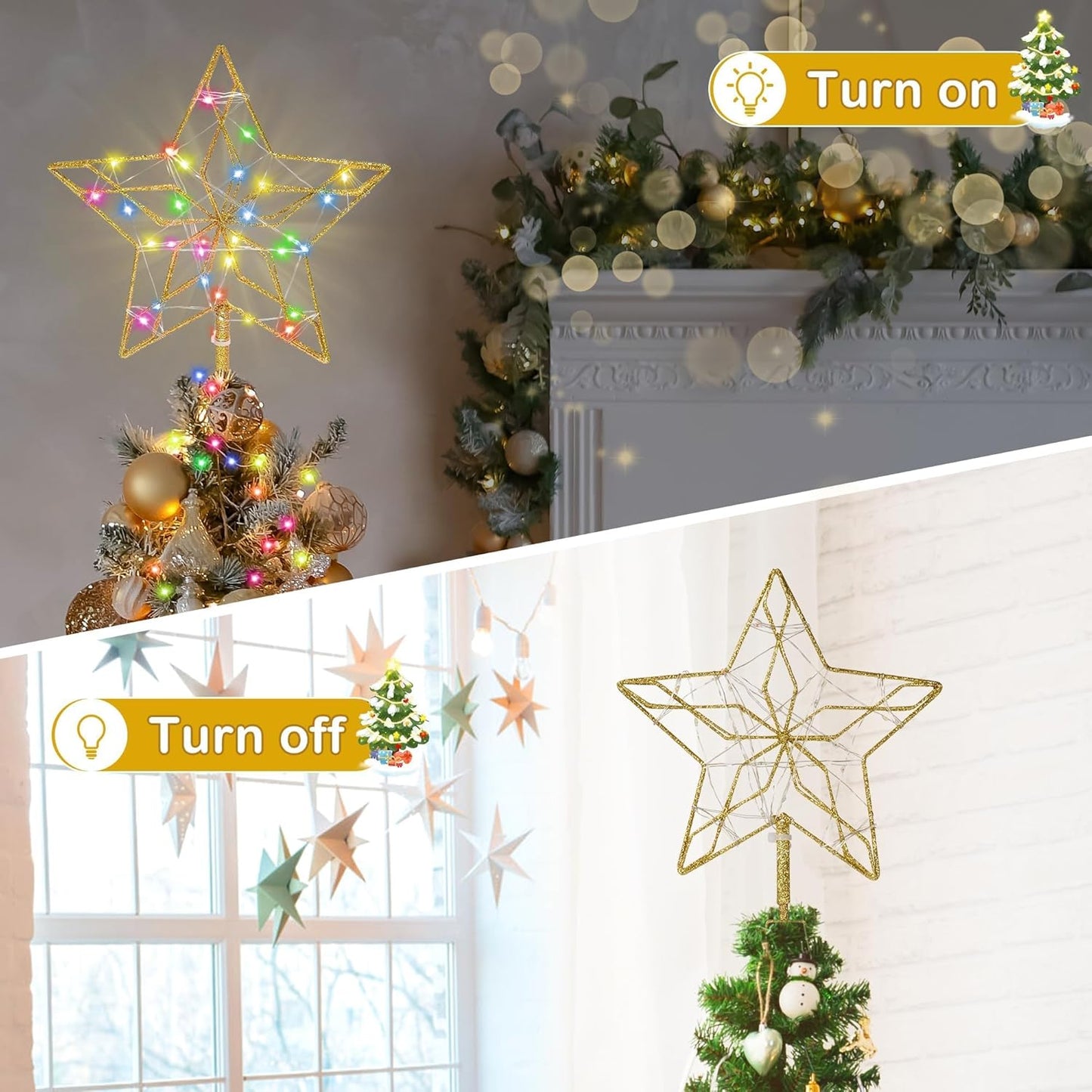 Christmas Tree Topper,50 LED Lighted Sparkling Star Tree Toppers Christmas Decorations,8 Lighting Modes Gold Star Xmas Decorations with Remote Control and Extra Battery Box,Glitter Christmas Ornament