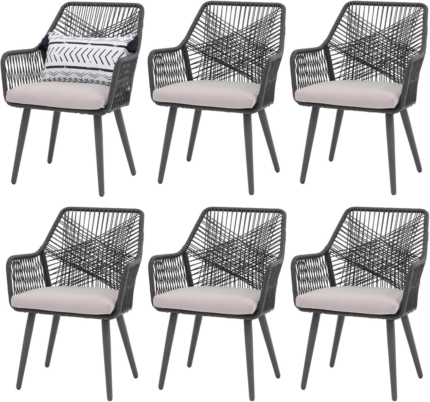 Patiorama Patio Dining Chair Set of 6, Woven Rope Outdoor Dining Chairs w/Steel Frame, All-Weather Twisted Rattan Chairs w/Armrest & Cushion, Outdoor Dining Wicker Chairs for Backyard Garden(Black)
