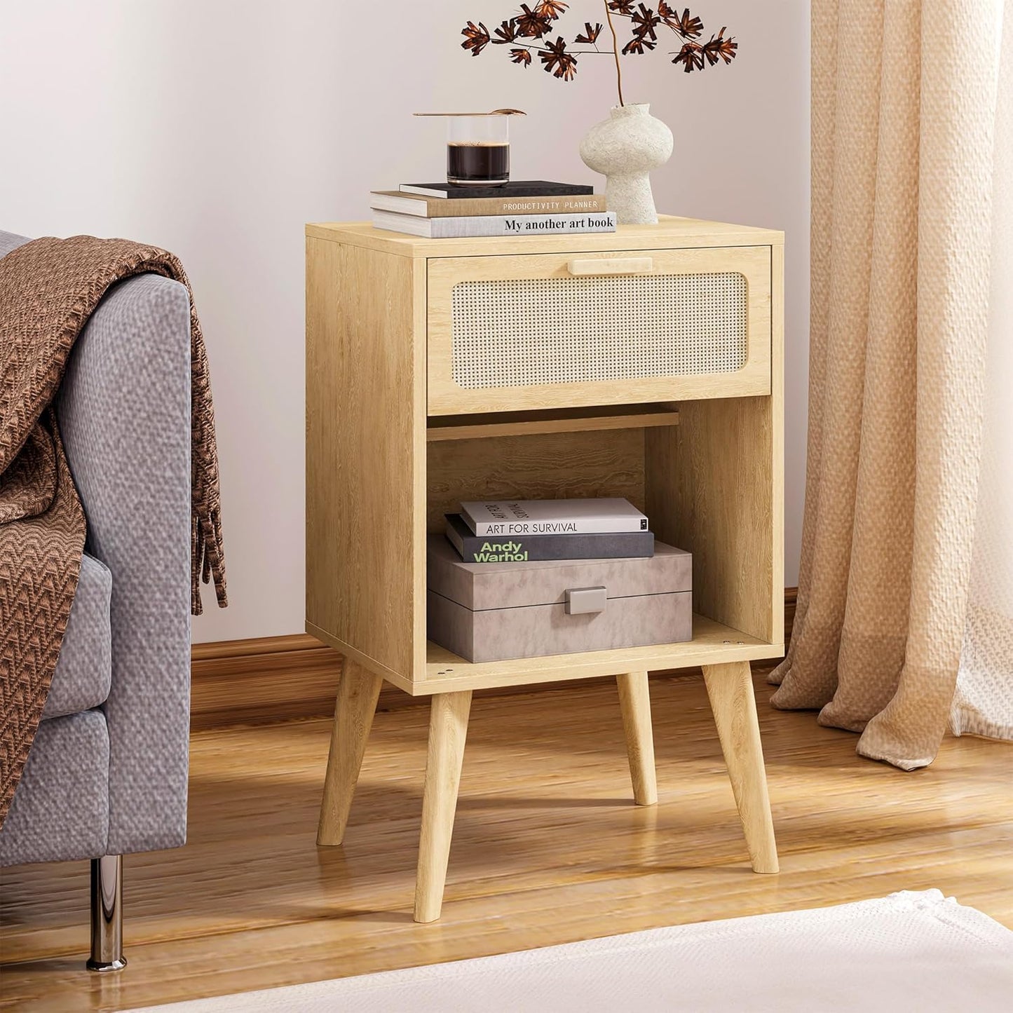 Rattan Nightstand with Opening Storage,Boho Bedside Table with Drawer,Wood Nightstand with Solid Wood Legs,End Side Table for Living Room,Bedroom,Small Space Natural CTG62Y