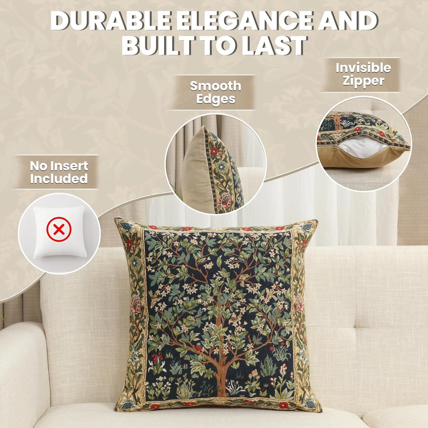 Charlotte Home Furnishings Throw Pillow Covers, Decorative Boho Pillow Covers for Couch, Living Room, Blue Tree Square Cushion Cases 18x18 in, European Cotton Jacquard Woven for Cozy Bedroom Decor