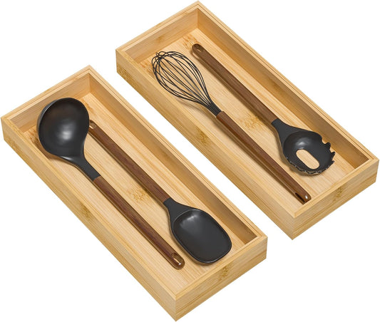 Bamboo Kitchen Drawer Organizer, Stackable Utensil Holder Silverware Organizer Cutlery Tray - 2PCS Organizer Bins for Makeup Jewelries Flatware in Bathroom, Office Desk, Cabinets, 15x6x2 inch