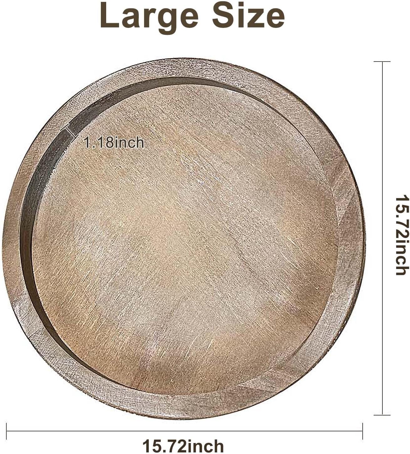 Round Wood Decorative Tray - Brown Washed Bead Tray for Coffee Table Wood Serving Tray Wooden Trays Decor Kitchen Counter Circle Tray Vintage Centerpiece for Living Room Candle Holder (15.75 inch)