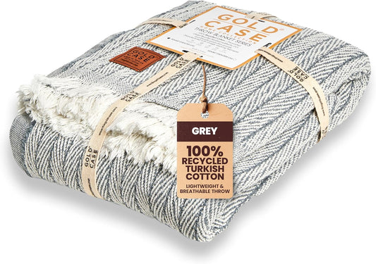 Gold Case Throw Blanket for Couch – 100% Recycled Turkish Cotton Blankets & Throws – Elegant Decorative Throw Blankets for Living Room Sofa – Woven Throws for Couch – Vintage Grey– 60x80