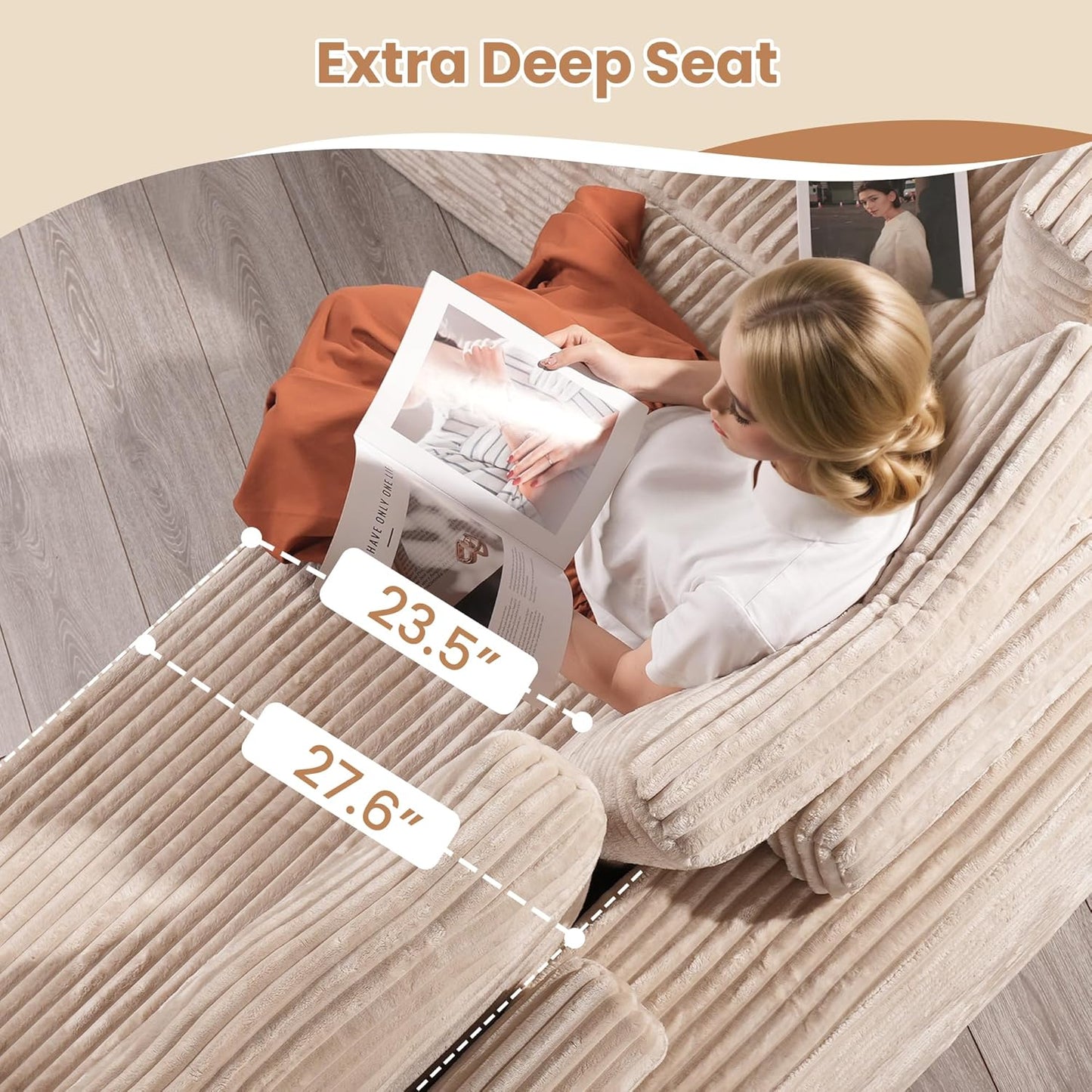 HOOOWOOO Cloud Sectional Couches for Living Room,Modular Sectional Sofa No Assembly,Plush Corduroy Large Floor Couch Furniture Set with Deep Seat Right Chaise L Shape(Beige)