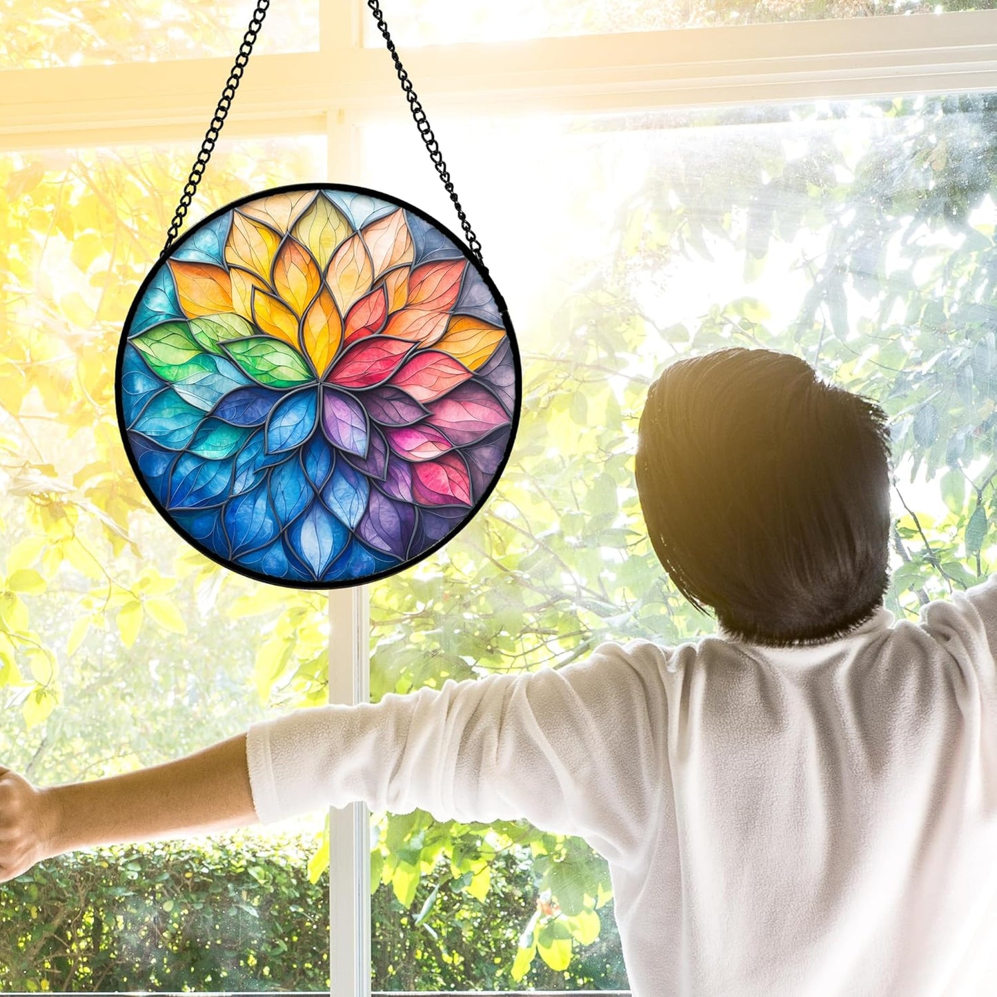 Stained Glass Window Hanging, Colorful Flower Petals Sun Catchers Diamond Glass Panel Hangings Suncatcher Decor for Birthday for Women, Men, Wife, Aunt, and Mom 7.8 in