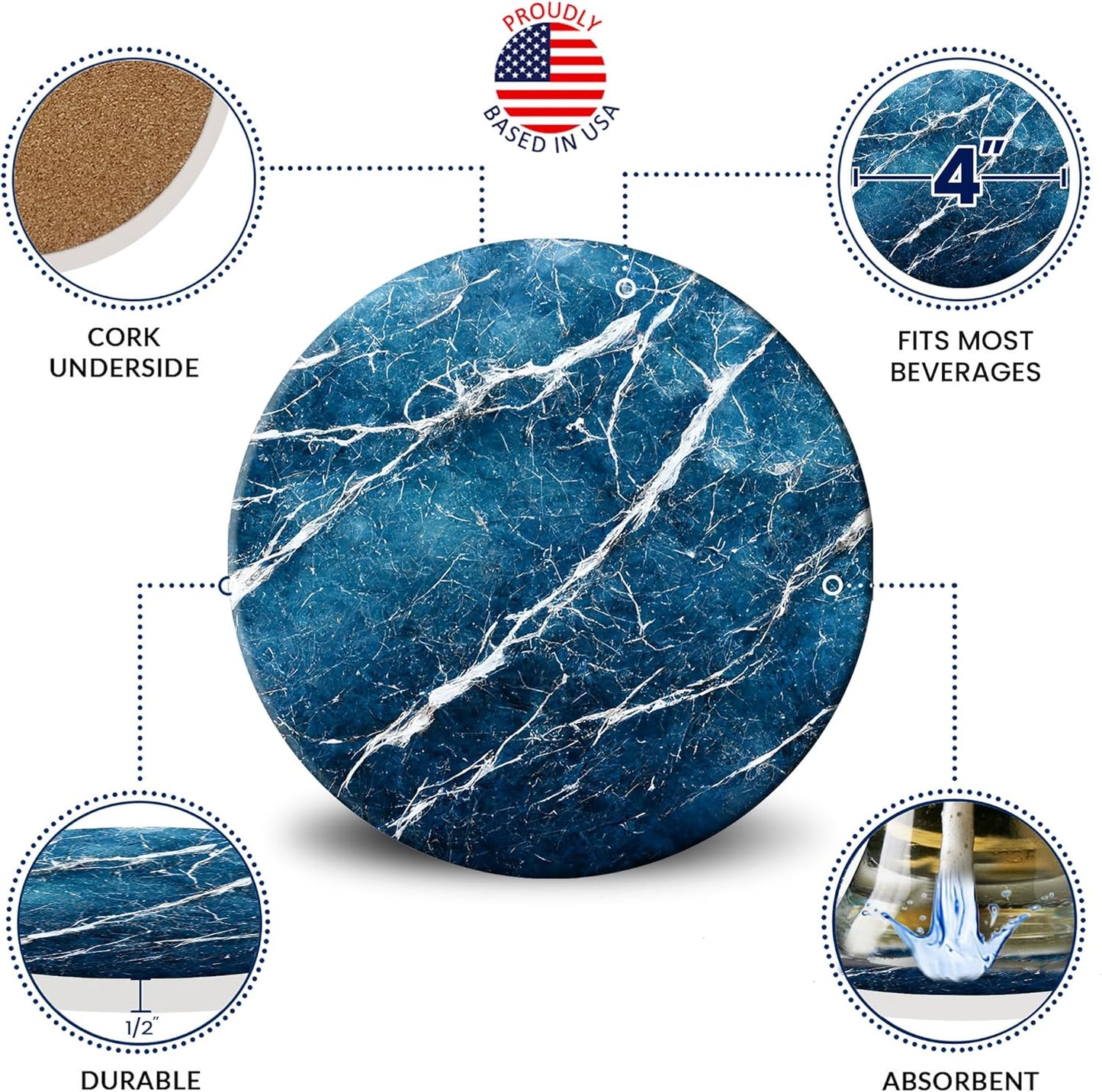 Emerson Coasters for Drinks Absorbent – Dining Table Set of 6 with Holder, 100% Ceramic Wooden Tabletop Protection Marble Style - Non-Slip & Cork Bottom - Heavy Duty (Blue Streak)