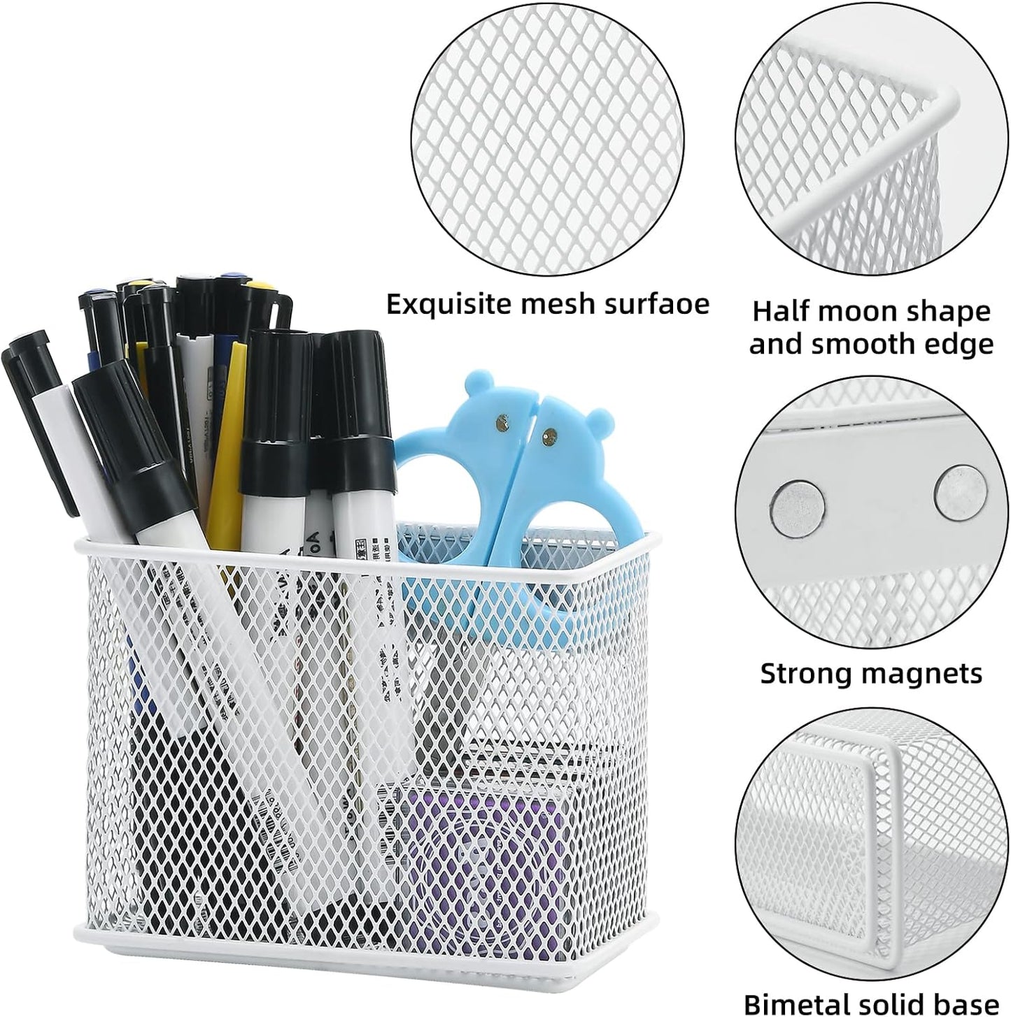 dedoot Magnetic Pencil Holder, Locker Pencil Holder Strong Magnetic Holder for Whiteboard Marker, 4.7x2.3x3.7inch Black Mesh Magnetic Holder for Fridge, Sponge, Recipe, Beverage,White