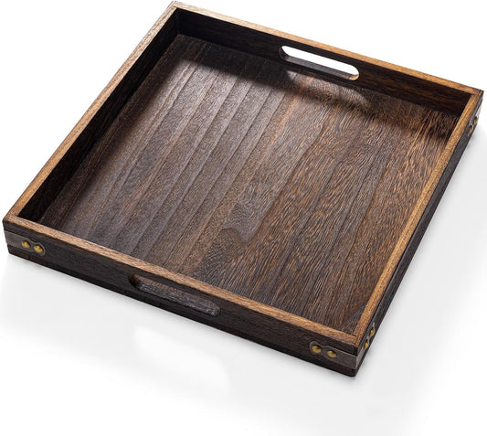 Yangbaga Serving Tray with Handles,12.5"*12.5"Wood Decorative Tray for Living Room,Modern Coffee Table Tray,Square Large Serving Platters for Home Decor,Ottoman,Bed,Kitchen,Bathroom, Breakfast,Bar