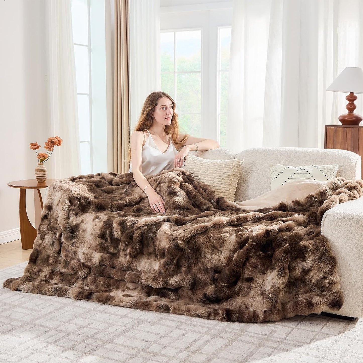 Lotus Karen Faux Fur Throw Blanket Tie-Dye Dark Coffee - Big Bubble Rabbit Fluff Blanket for Couch,Small Fluffy Fuzzy Cozy Blanket,Thick Furry Plush Shaggy Blankets,60x80 Inches