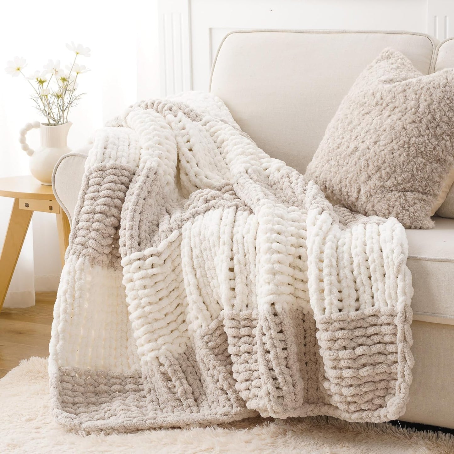 Battilo Chunky Knit Throw Blanket, Soft and Thick Chenille Throw Blanket, 50"x60" Handmade Cable Knit Crochet Blanket, Large Rope Knot Throw Blankets for Couch Sofa Bed Home Decor, Beige & White