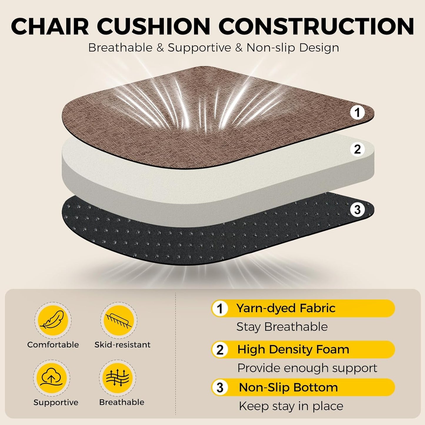 downluxe Indoor Chair Cushions for Dining Chairs, Soft and Comfortable Textured Foam Kitchen Chair Pads with Ties and Non-Slip Backing, 16" x 16" x 2", Brown, 2 Pack