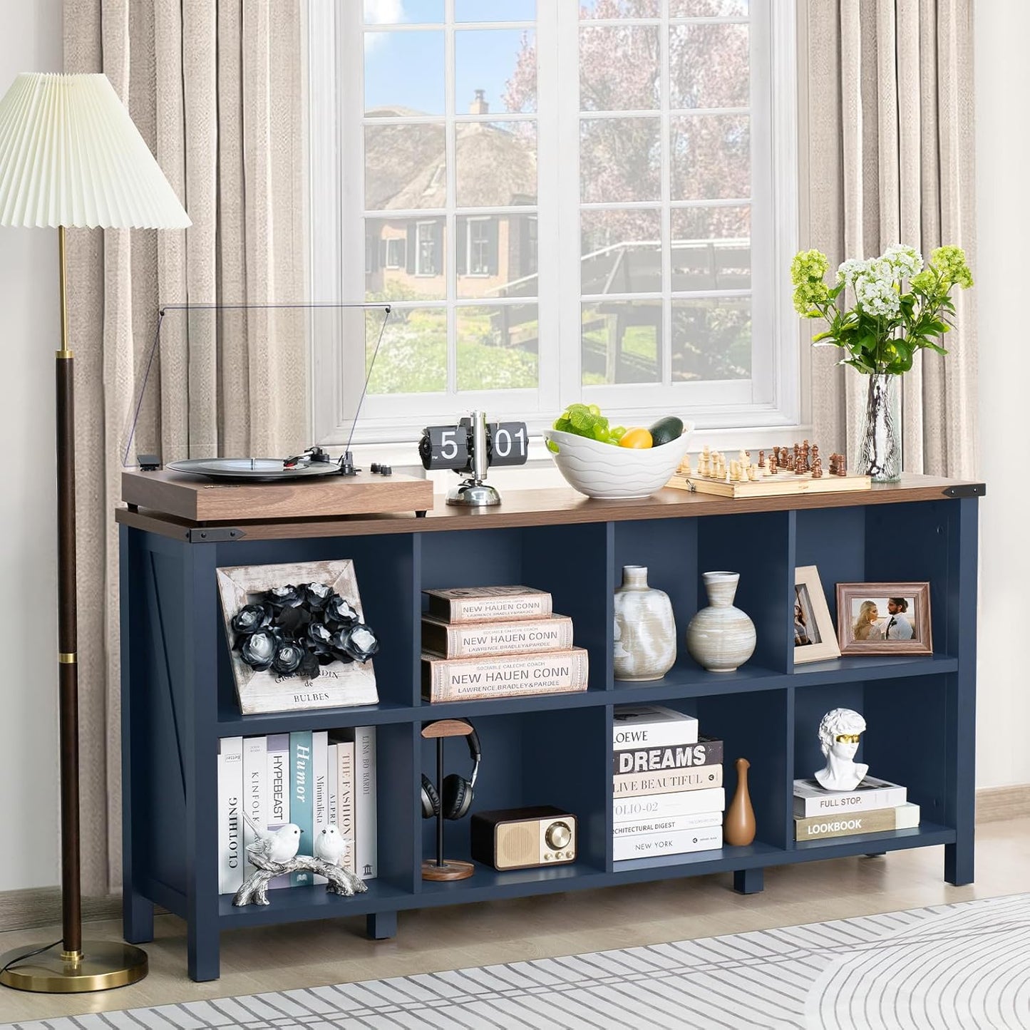 8 Cube Book Shelf, Farmhouse Wood Long Storage Organizer Bookcase, 62" Horizontal Navy Blue Console Closet Bookshelf, Hallway TV Stand for Entryway, Display Cabinet Book Case for Living Room