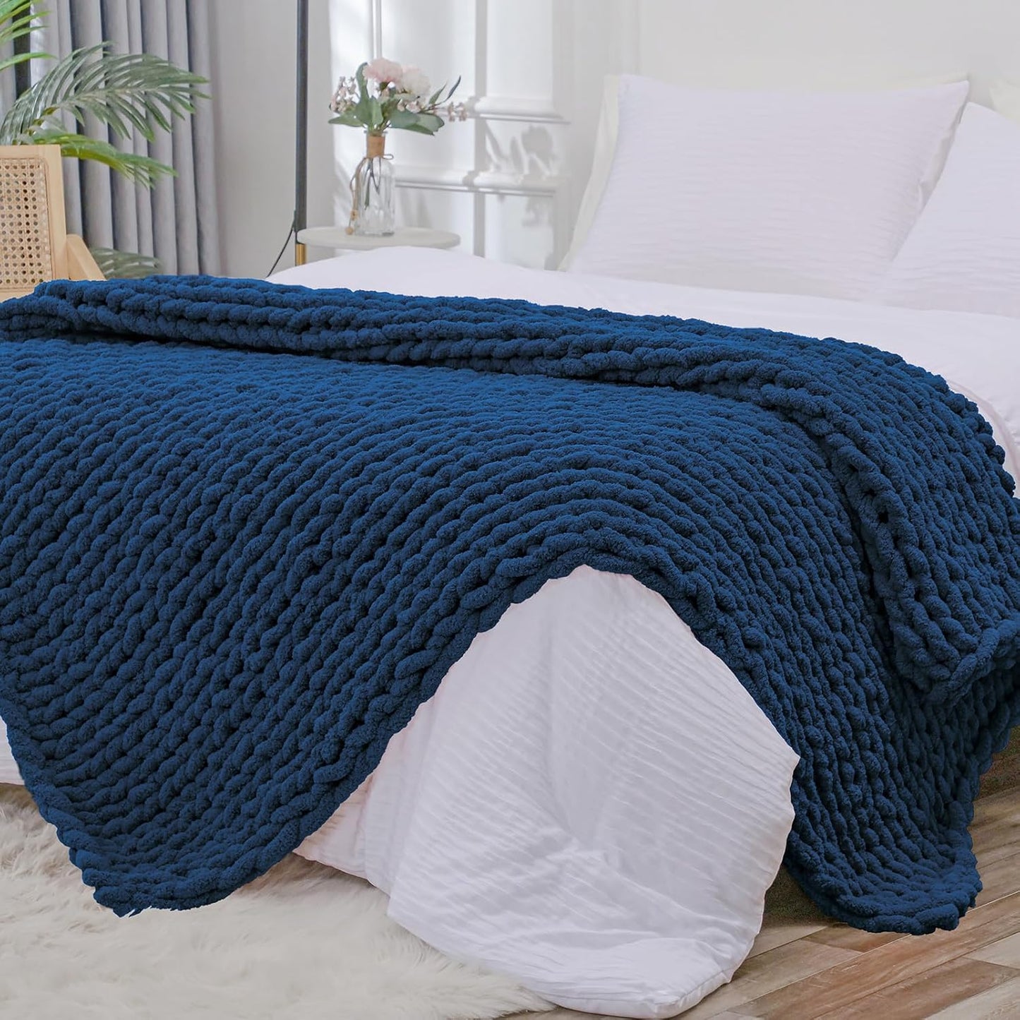 Bigacogo Chunky Knit Throw Blanket for Couch, 51x63 inches, 100% Hand Knitted with Thick Jumbo Chenille Yarn, Cozy Soft Large Rope Knot Cable Crochet Blankets for Sofa Bed Living Room, Navy Blue