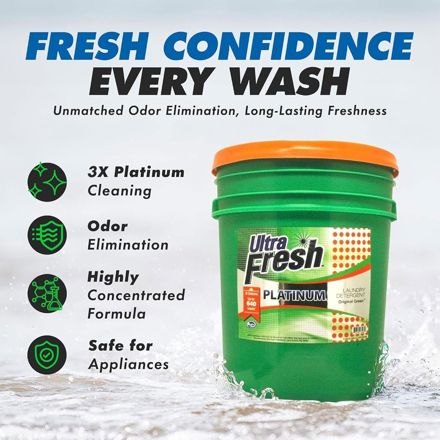 Ultra Fresh 5 Gallon Liquid Laundry Detergent Washing Soap for All Machine Types, 3X Platinum, Up to 640 Loads, Original Green