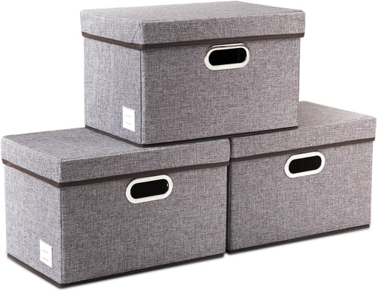 PRANDOM Foldable Storage Boxes with Lids [3-Pack] Linen Fabric Collapsible Storage Bins Organizer Containers Baskets Cube with Cover for Home Bedroom Closet Office Nursery (14.9x9.8x9.8)