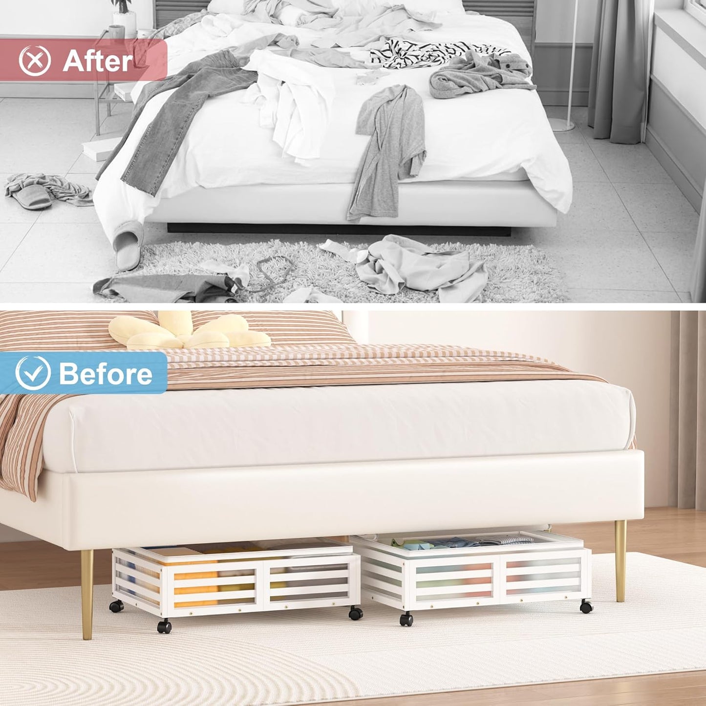 Under Bed Storage Containers With Wheels - 2 Pcs Bamboo Wood Rolling Underbed Shoe Storage Bins With Dust Bags for Clothes Blankets, Duvet Covers Snacks Toys (White)