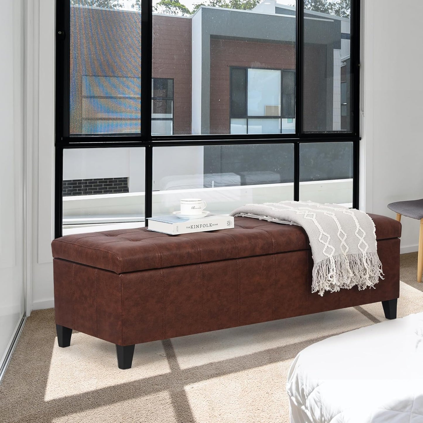 Joveco 51 Inch Storage Ottoman Bench,Tufted Leather Storage Bench for Bedroom (51”,Brown)