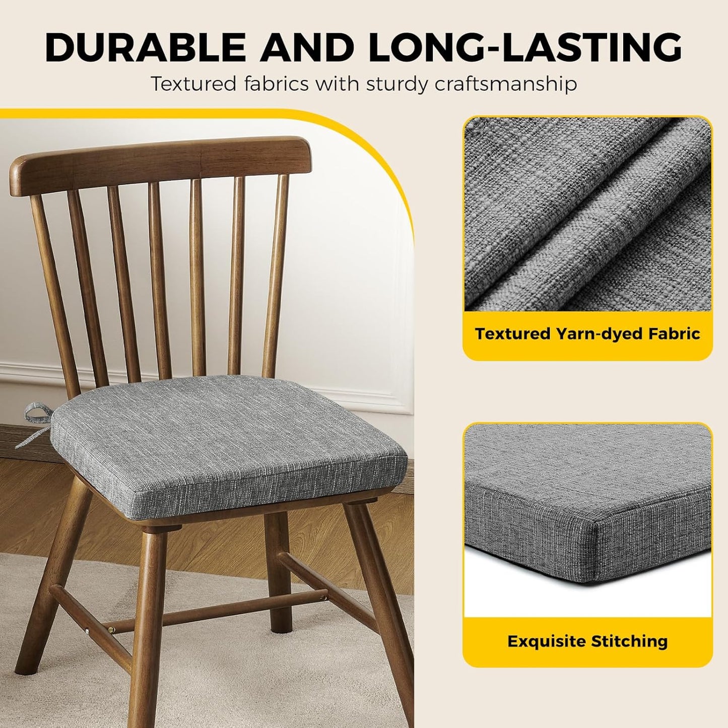 downluxe Indoor Chair Cushions for Dining Chairs, Soft and Comfortable Textured Foam Kitchen Chair Pads with Ties and Non-Slip Backing, 16" x 16" x 2", Dark Grey, 6 Pack