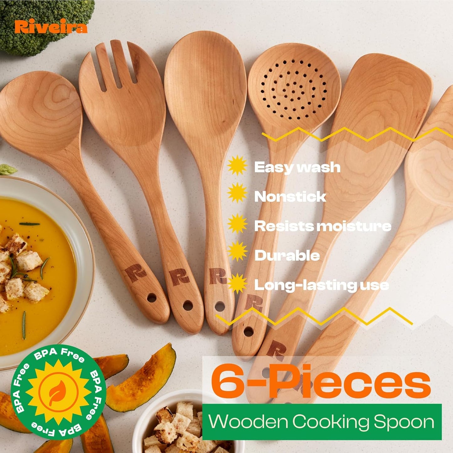 Riveira Cherry Wooden Spoons for Cooking Set of 6 – Natural Cherry Wood Cooking Utensils, Wooden Spatula, Wooden Spoon - Premium Quality Wooden Utensil Set for Non-Toxic Cooking