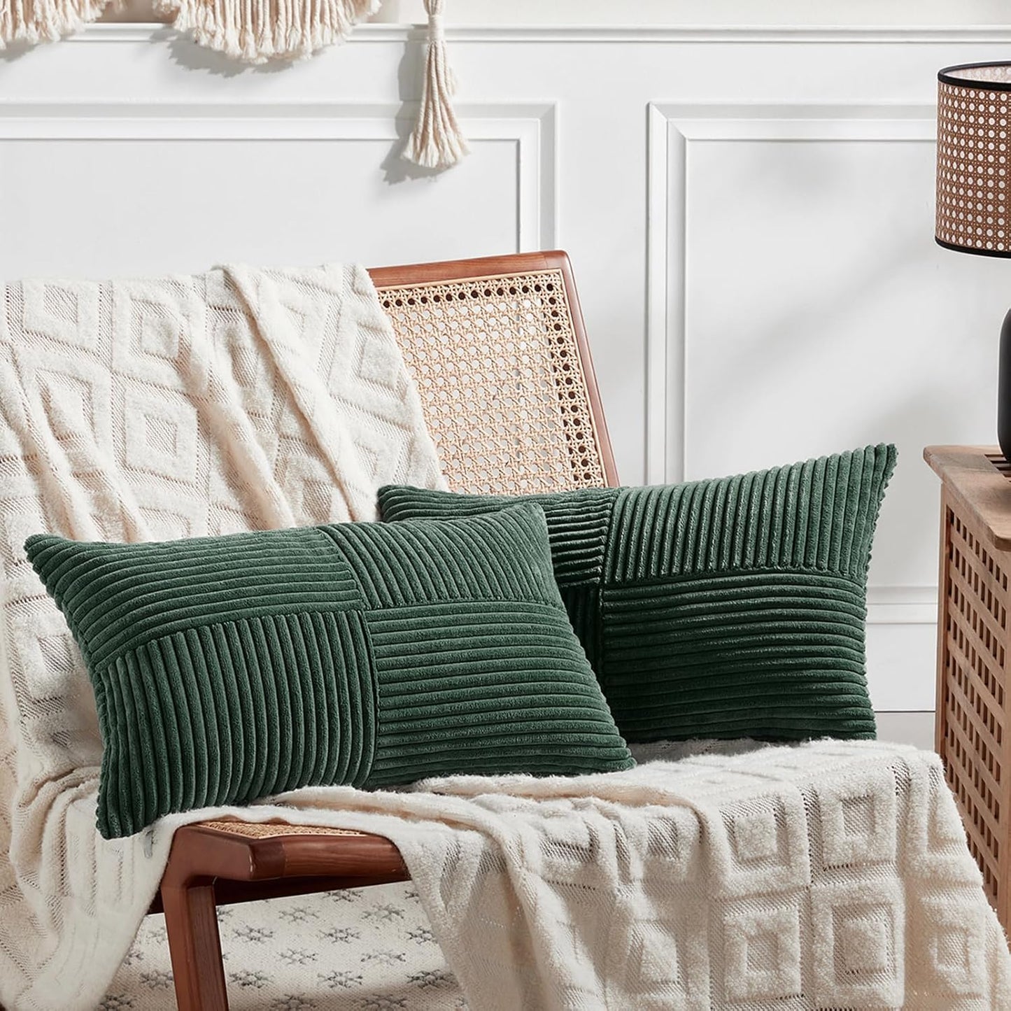 Fancy Homi Set of 2 Dark Green Lumbar Decorative Throw Pillow Covers 20x28 Inch for Living Room Couch Bed, Boho Farmhouse Forest Green Home Decor, Soft Corduroy Corss Patchwork Cushion Case