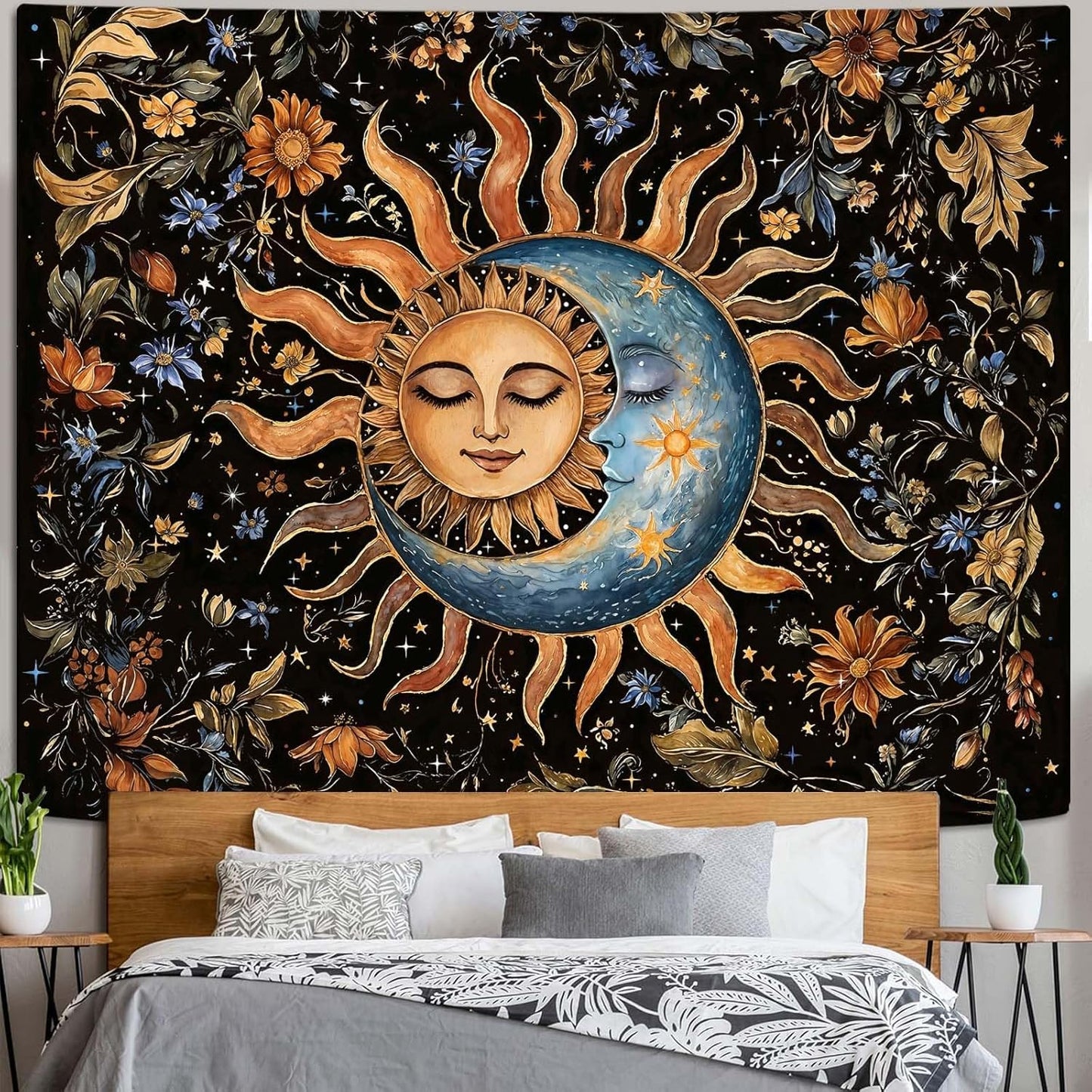 Aipon Sun and Moon Tapestry for Bedroom Boho Vintage Floral Hippie Wall Tapestry Aesthetic Retro Flower Plant Large Tapestries Wall Hanging for Living Room Dorm Decor 80 x 60 Inch
