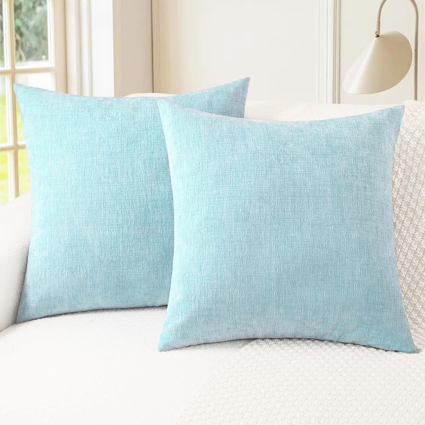 CaliTime Throw Pillow Covers Decorative 16 X 16 Inches Pack of 2 Cozy Chenille Cushion Cases for Couch Sofa Bed Living Room Home Light Blue Grey