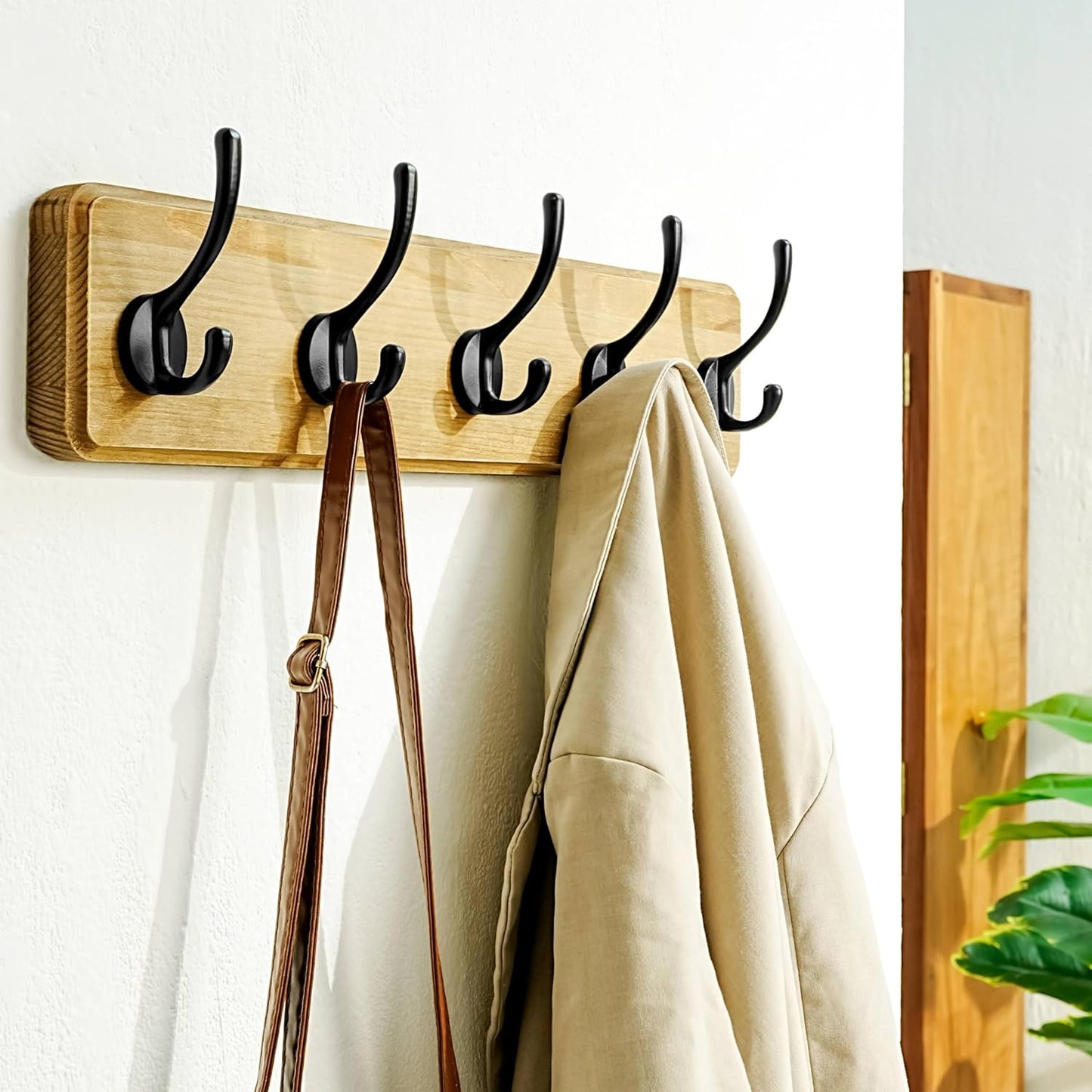 Dseap Coat Rack Wall: Patented, Heavy-Duty, 17.4" Long 5-Double-Hooks Wooden Wall Mounted Coat Rack Coat Hanger Hook Rail for Winter Coats Hat Jacket Clothing, Weathered Brown