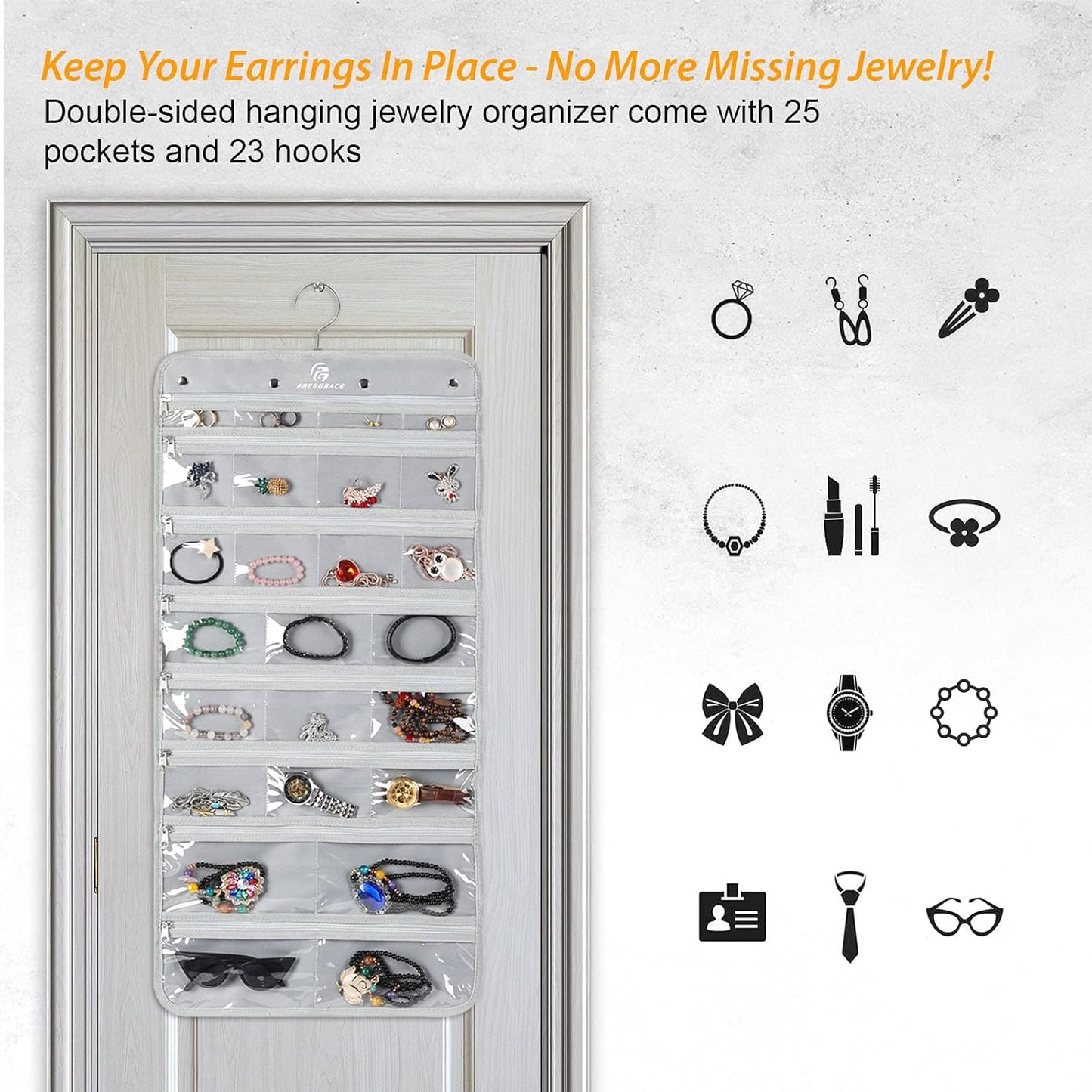 Freegrace Hanging Jewelry Organizer Revolving Hanger - Secure Zipper Closure - 25 Pockets,23 Hooks - Foldable Storage & Display Solution - For All Jewelry & Bijoux (Gray)