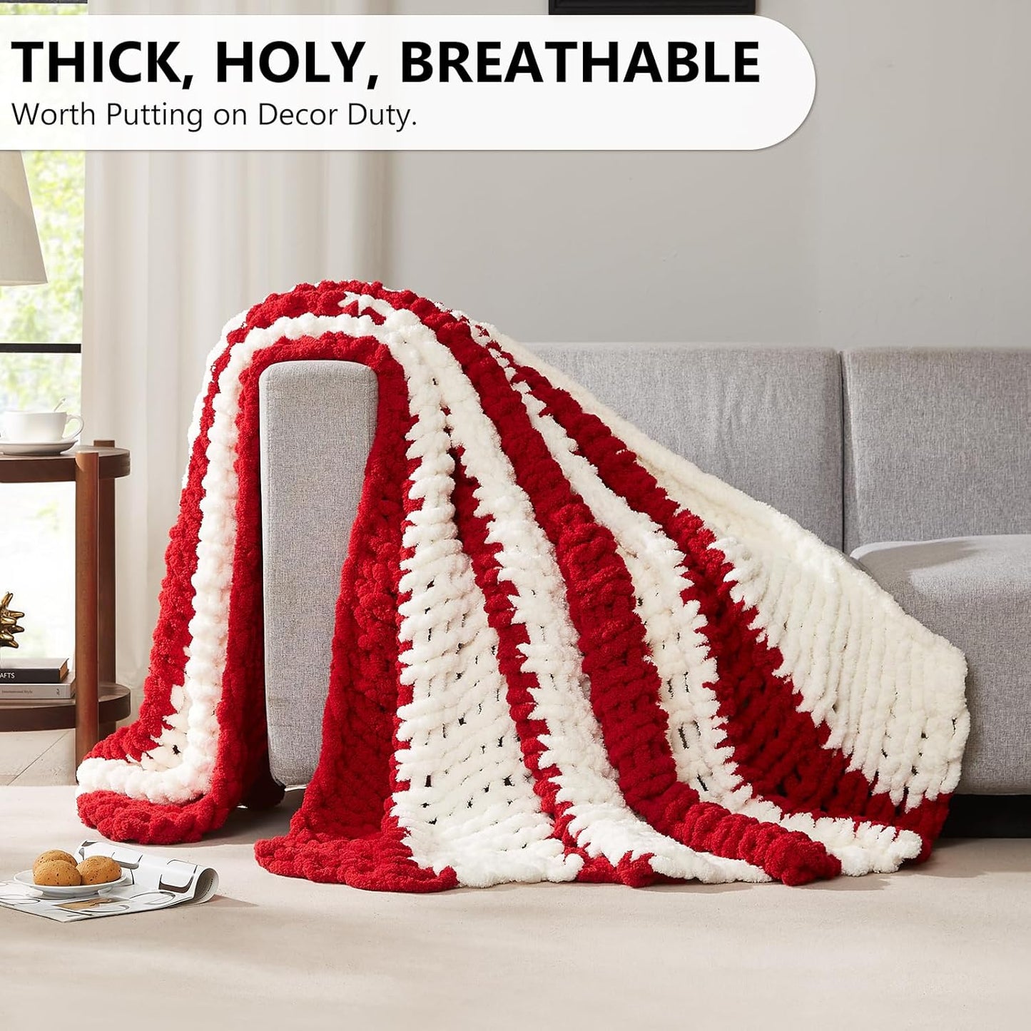 L'AGRATY Chunky Knit Blanket Throw - Soft Chunky Throw Blanket 60x80: 100% Hand Kintted Chenile Crochet Throw Blanket for Couch - Large Cable Knit Chunky Blanket for Home Decor(Red and White)