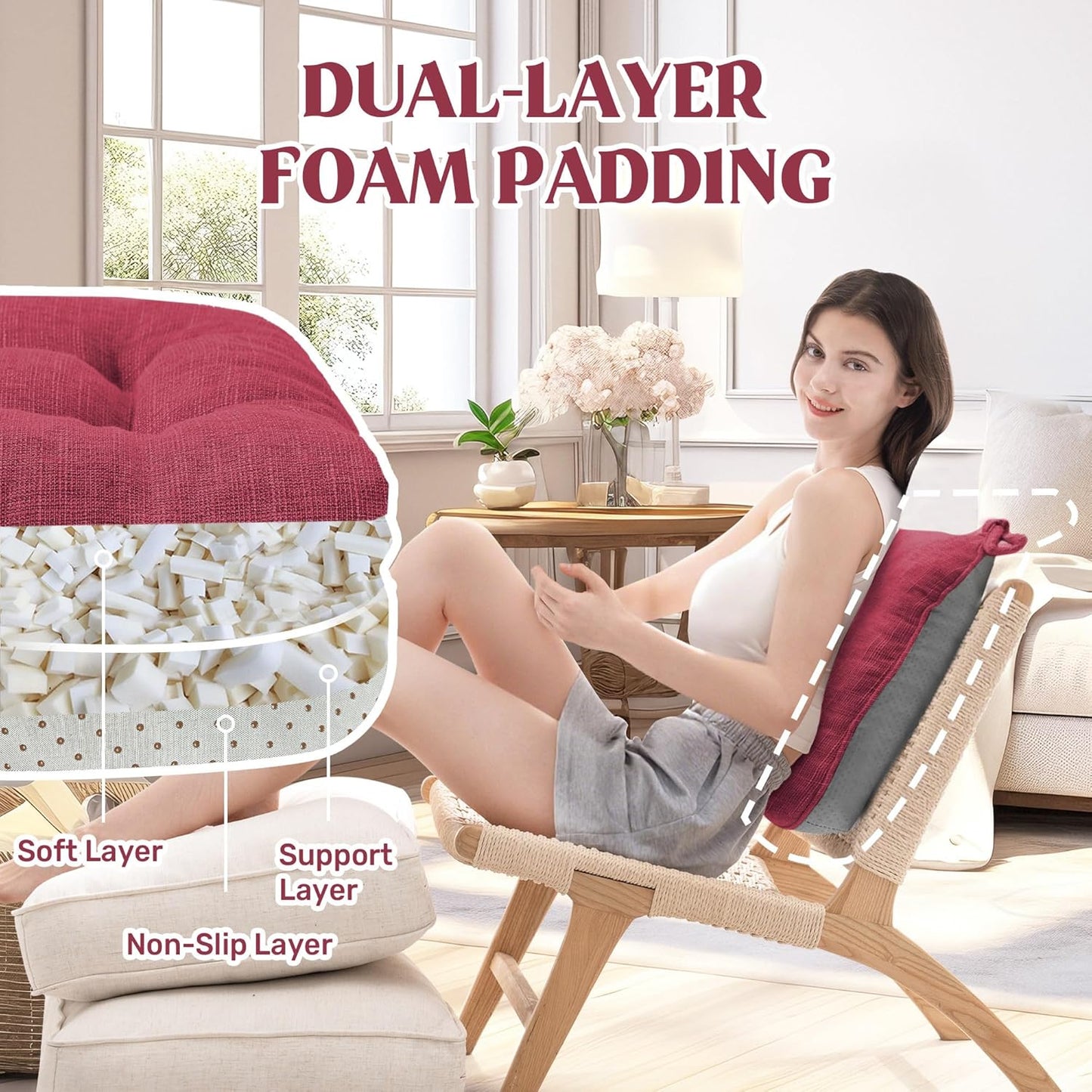 puredown® Chair Cushions for Dining Chairs, Tufted Memory Foam Chair Pads with Non-Slip Backing, Kitchen Seat Cushions with Ties, Washable Pads Set of 4, 15.5" x 15.5" x 4", Wine