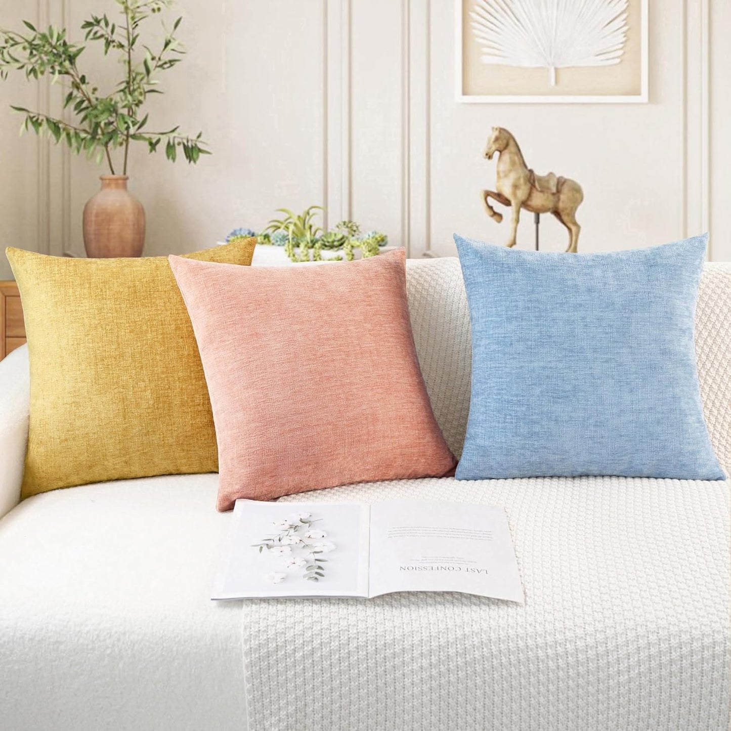 CaliTime Throw Pillow Covers Decorative 24 X 24 Inches Pack of 2 Cozy Chenille Cushion Cases for Couch Sofa Bed Living Room Home Baby Blue