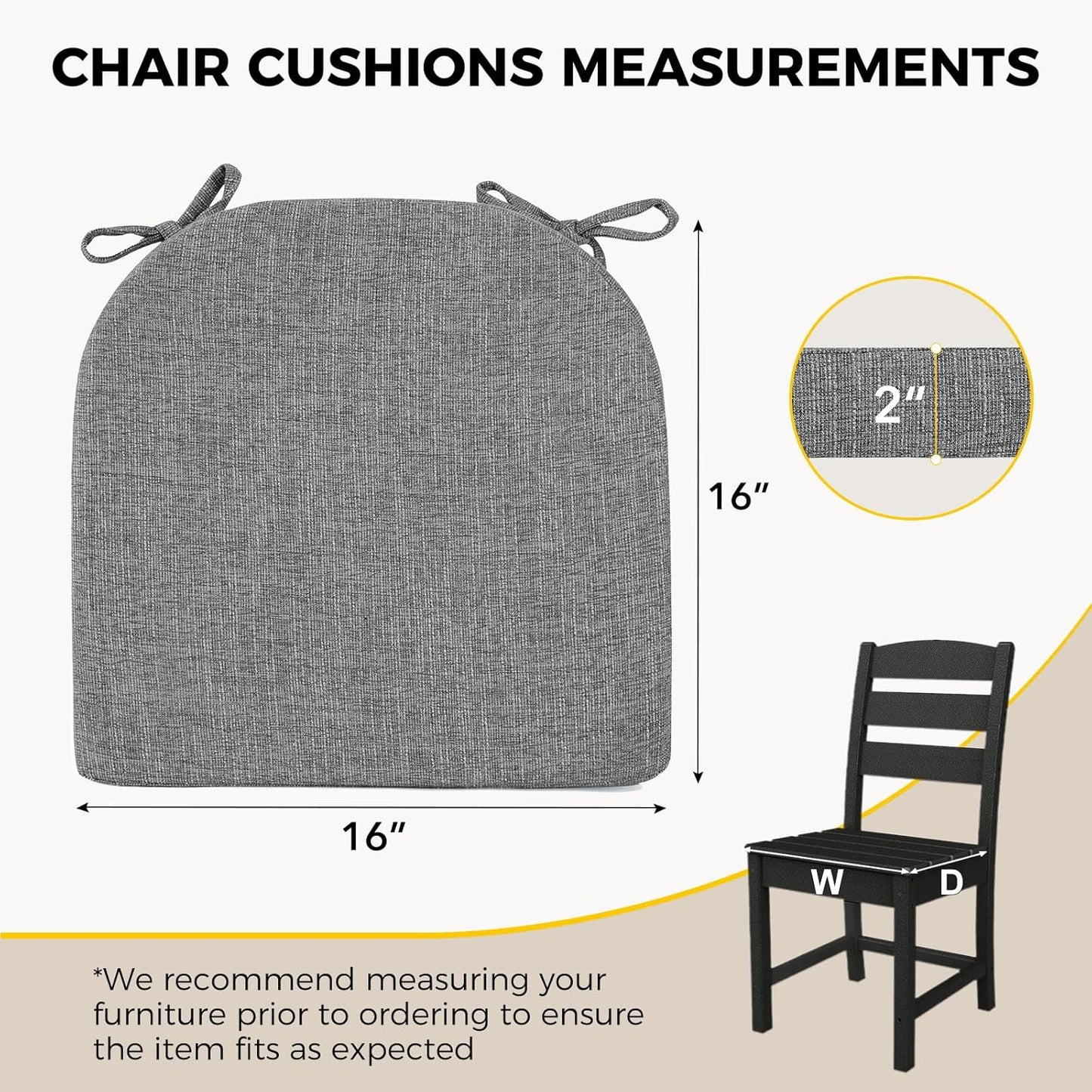 downluxe Indoor Chair Cushions for Dining Chairs, Soft and Comfortable Textured Foam Kitchen Chair Pads with Ties and Non-Slip Backing, 16" x 16" x 2", Dark Grey, 2 Pack