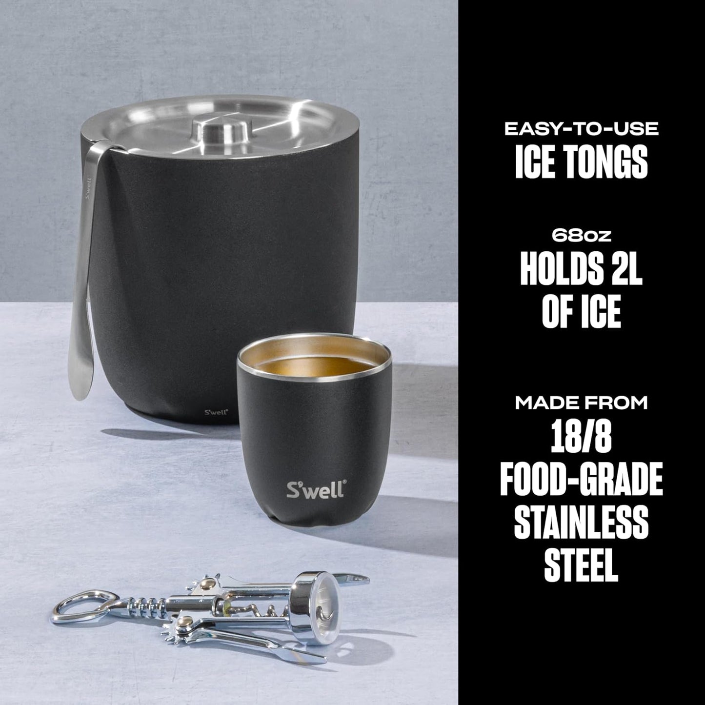 S'well Ice Bucket with Tongs, 68oz, Onyx