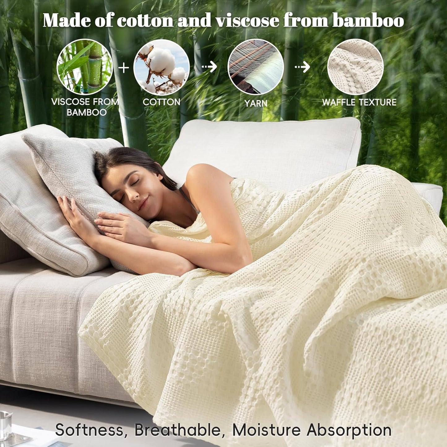 PHF Cooling Waffle Blanket King Size, Lightweight 60% Rayon Derived from Bamboo & 40& Cotton Breathable Blanket for Hot Sleepers, Soft and Luxury for Bed Couch and Sofa, 104"x90", Ivory