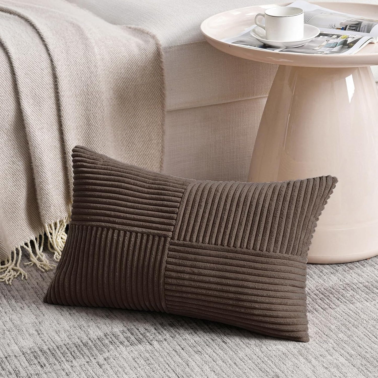 Fancy Homi 2 Packs Dark Brown Long Lumbar Decorative Throw Pillow Covers 16x24 Inch for Couch Bed Sofa, Rustic Farmhouse Boho Home Decor, Soft Striped Corduroy Rectangle Accent Cushion Case 40x60 cm